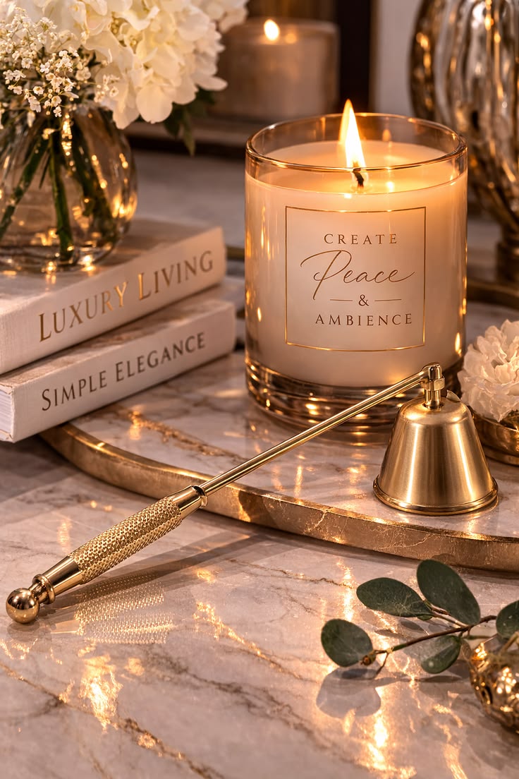 A handpoured Whisperwind candle glowing beside a brass snuffer