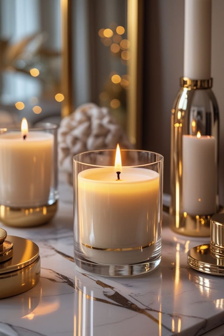 Whisperwind candles hand-finished on a marble console